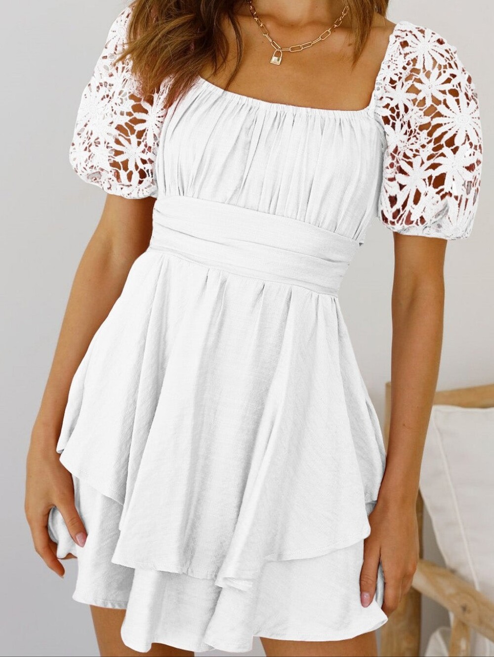 EYNMIN White Tiered Mini Dress with Floral Lace Puff Sleeves Size Small